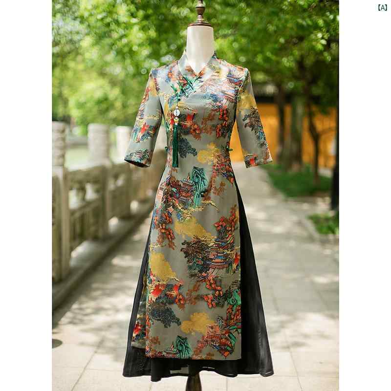 ドレス チャイナドレス オシャレ 綺麗 上品 コーデ 大歳 コスプレ 中華風 チャイナ ドレス 若々しい ハイエンド 母 アオザイ Vネック 秋冬 長袖