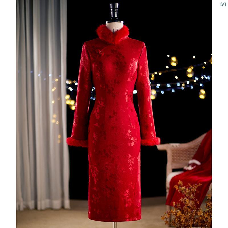 ドレス　チャイナドレス　中国　オシャレ　綺麗　上品　コーデ　大歳　コスプレ レッド チャイナ ドレス 乾杯 制服 秋冬 ベルベット 厚手 ジャカード 挨拶 シャツ