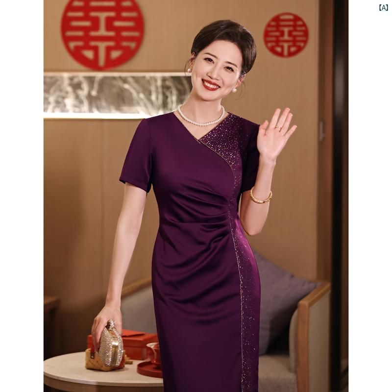 ドレス　チャイナドレス　中国　オシャレ　綺麗　上品　コーデ　大歳　コスプレ 義母 パープル ウェディングドレス 夏 母 高貴 スリムフィット ホット Vネック 9,295円