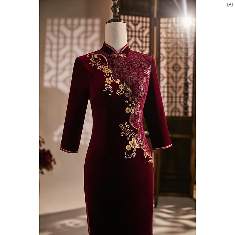 ドレス　チャイナドレス　中国　オシャレ　綺麗　上品　コーデ　大歳　コスプレ チャイナ ドレス 幸せ 義母 結婚式 パーティー 秋冬 通常 着用 ゴールド ベルベット レース