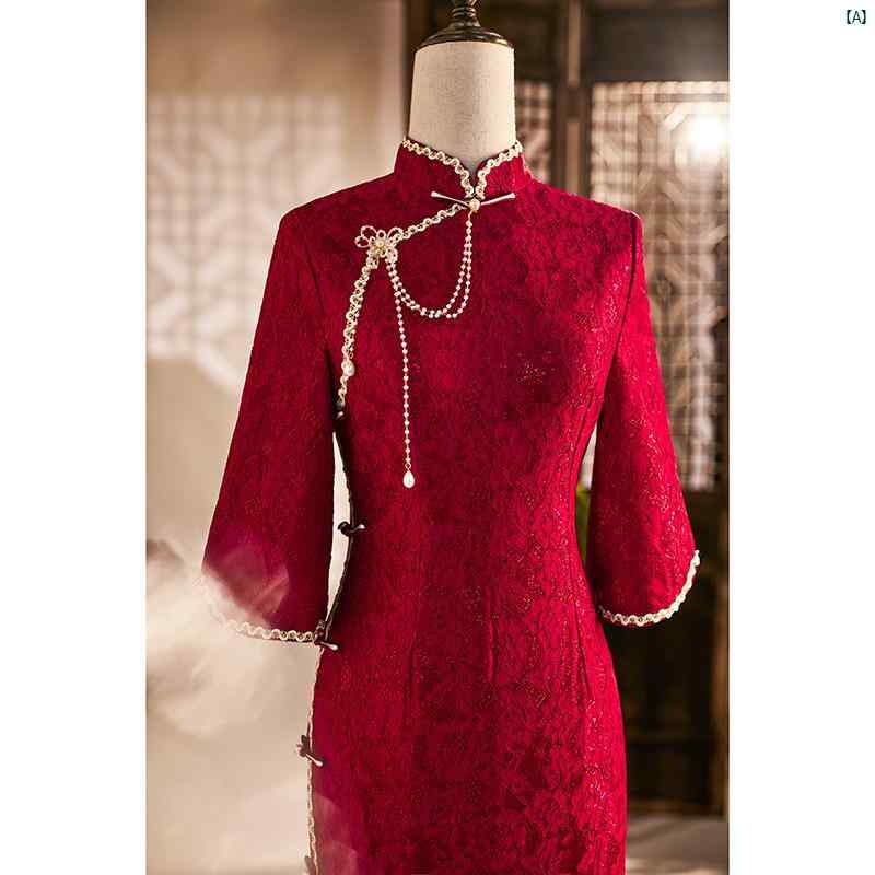 ドレス チャイナドレス 中国 オシャレ 綺麗 上品 コーデ 大歳 コスプレ 中華風 レッド チャイナ ドレス トースト 花嫁 レディース 夏 結婚式 婚約 バック ドア レース