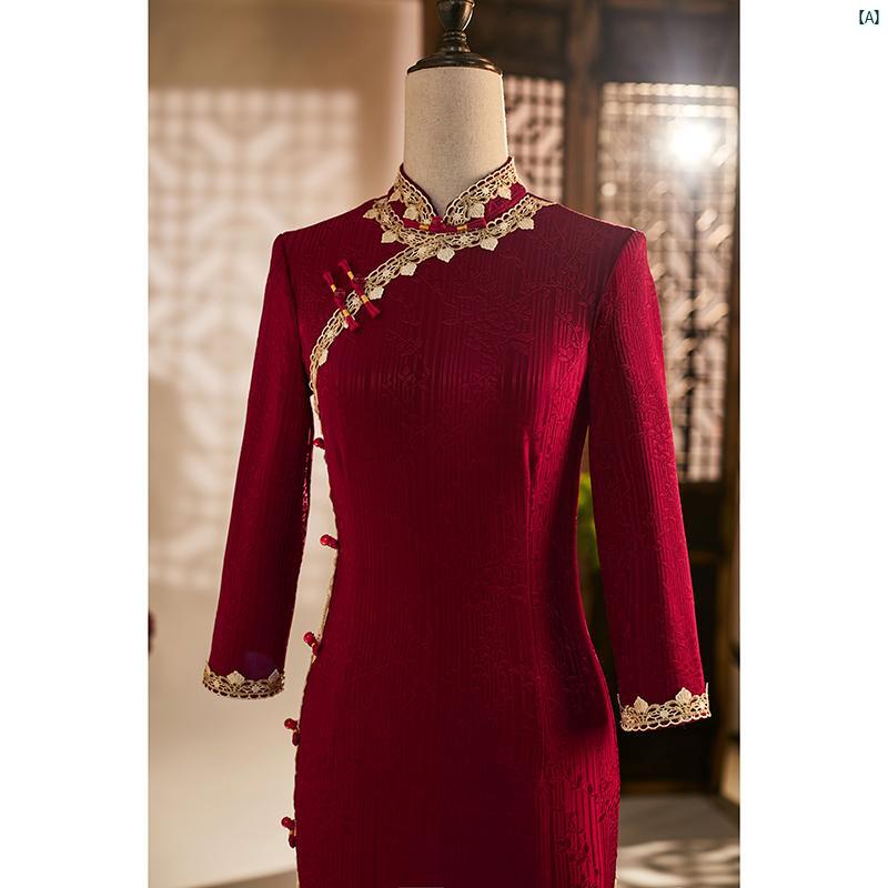 ドレス　チャイナドレス　中国　オシャレ　綺麗　上品　コーデ　大歳　コスプレ 義母 結婚 披露宴 祝う チャイナ ドレス 乾杯 レディース 秋冬 ウェディングドレス用 大きいサイズ 裏起毛 ジャカード レース エッジ 7,771円