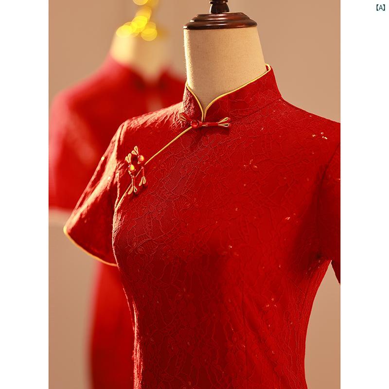 ドレス　チャイナドレス　オシャレ　綺麗　上品　コーデ　大歳　コスプレ レッド チャイナ ドレス トースト 花嫁 夏 婚約 ヤング 中華風