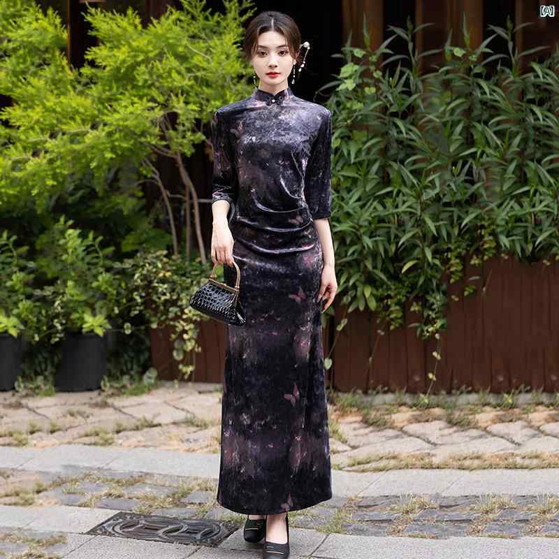 ドレス　チャイナドレス　中国　オシャレ　綺麗　上品　コーデ　大歳　コスプレ フィッシュ テール ロング チャイナ ドレス 若々しい レディース レトロ スリム中 袖 春秋