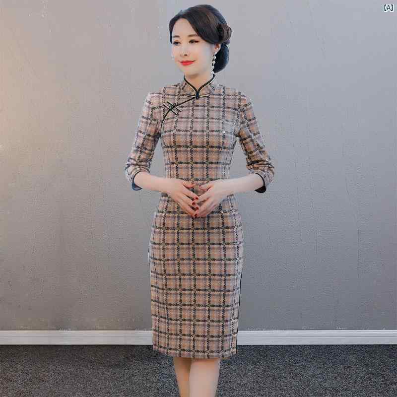 ドレス　チャイナドレス　中国　オシャレ　綺麗　上品　コーデ　大歳　コスプレ チェック柄 チャイナ ドレス 春秋 若々しい レディース 中華風 レトロ中 長袖 日常 服装