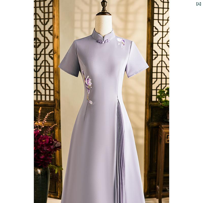 ドレス　チャイナドレス　オシャレ　綺麗　上品　コーデ　大歳　コスプレ パープル チャイナ ドレス 夏 新 中華風 若々しいおばあちゃん 結婚式 パーティー 衣装 ウェディングドレス