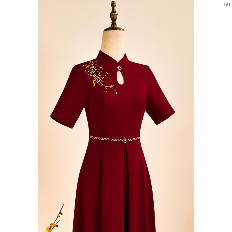 ドレス　チャイナドレス　オシャレ　綺麗　上品　コーデ　大歳　コスプレ レッド チャイナ ドレス トースト 花嫁 ウェディングドレス 義母用 結婚式 披露宴 母 高級 大きいサイズ スタンドカラー ロング