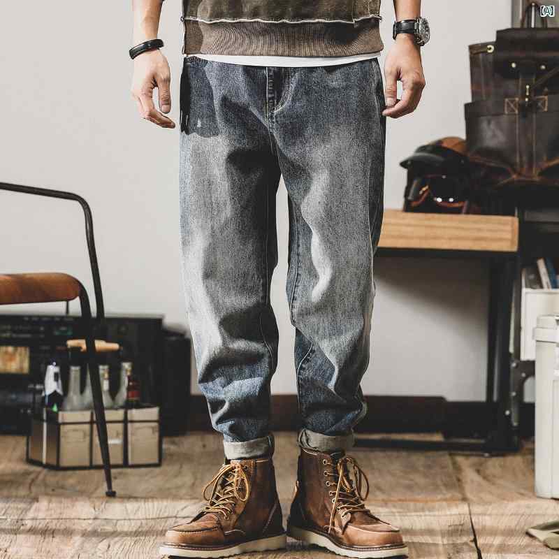 メンズファッション　コーデ　　クール　海外風 アメリカン アメ カーキ ジーンズ 男性用 春 メンズ ストレート ダメージ ウォッシュ シンプル カジュアル パンツ