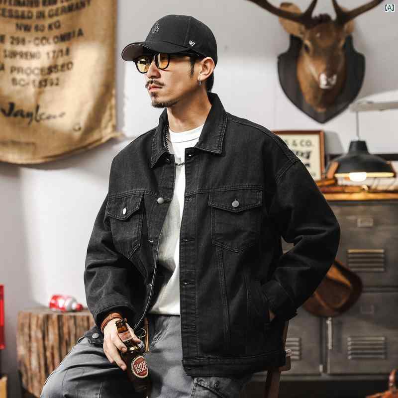 メンズファッション　コーデ　　クール　海外風 アメリカン レトロ ブラックデニムジャケット メンズ 2025 春 カジュアル クラシック 快適 ワークウェア ジャケット