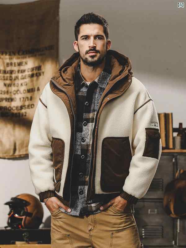 メンズファッション　コーデ　　クール　海外風 作業着 ダウン ジャケット メンズ 冬 ショート フード付き 厚手 冬服 ラムウール 秋
