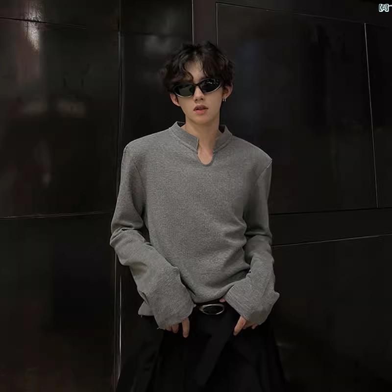 メンズ　ファッション　コーデ　秋　冬コーデ グレー 小柄 Vネック ワッフル 長袖 Tシャツ メンズ 春秋 ショルダーパッド スウェットシャツ アメリカン レトロ インナー ニット シャツ