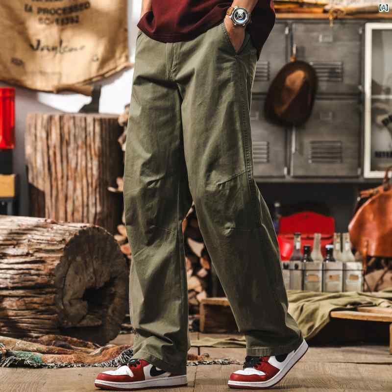 メンズファッション　コーデ　　クール　海外風 アメリカン ミリタリーグリーン コットン ワークパンツ 2025 夏 メンズ ストレート レッグ カジュアル ワイド パンツ
