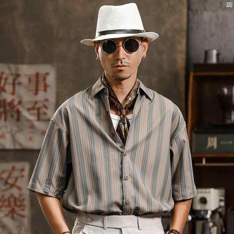 ジャパニーズ カジュアル レトロ 縦縞 半袖 シャツ メンズ アミ カーキ シャツノー アイロン 英国 夏 薄手
