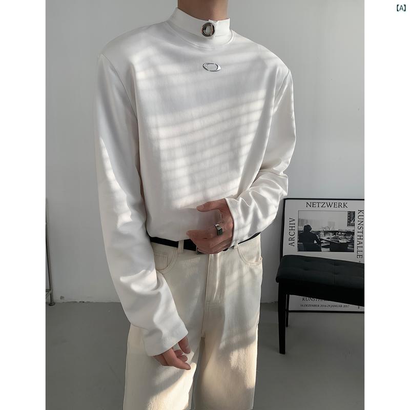 メンズ　コーデ　ファッション ハーフ タートルネック 長袖 Tシャツ メンズ 秋冬 メタリック クリーン フィット 肩 パッド たり インナー レイヤリング シャツ