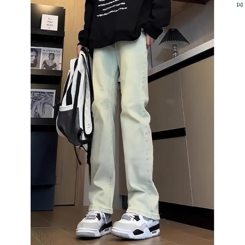 メンズ　ファッション　コーデ　秋　冬コーデ アメリカン レトロ イエロー マッド ジーンズ メンズ ストリート ウォッシュ ナロー スリムフィット ootd ウェア パンツ ストレート レッグ ブーツ カット