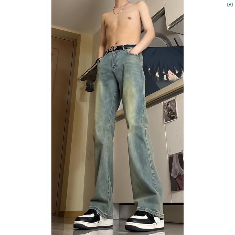 メンズ　ファッション　コーデ　秋　冬コーデ レトロ ブルー ナロー ストレート ジーンズ メンズ ハイエンド パンツ アメリカン スリム ストリート シミター フレアパンツ