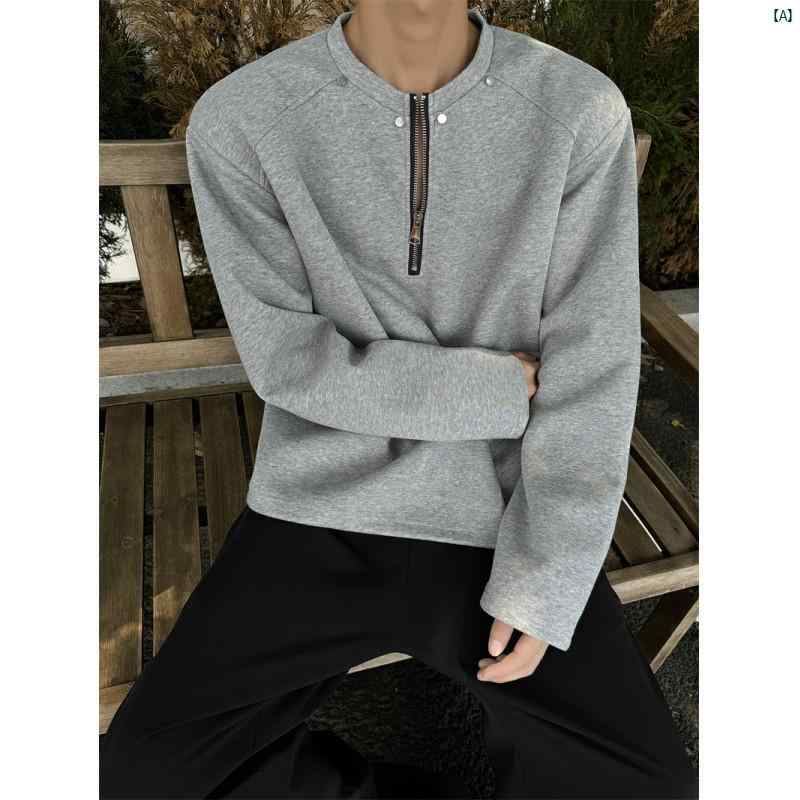 メンズ　ファッション　コーデ　秋　冬コーデ Cleanfit ショルダーパッド 長袖 Tシャツ メンズ 春秋 スタッズ ハーフ ジップ スウェットシャツ カジュアル トップス