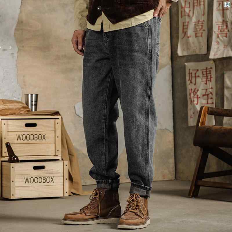 男性用 アメリカン ヘビーウェイト レトロ 秋冬 ジーンズ ベルベット 厚手 ストレート カジュアル パンツ アミ カーキパンツ