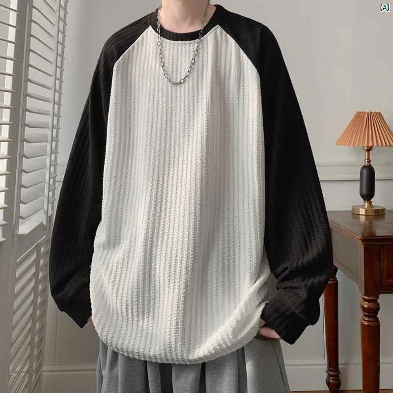 メンズ　ファッション　コーデ　秋　冬コーデ 男性用 テクスチャー ド 長袖 Tシャツ 春秋 ヘビー オーバー サイズ プルオーバー トップ
