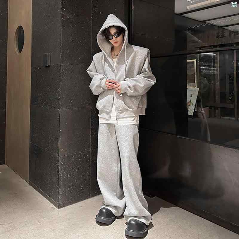 メンズ　ファッション　コーデ　秋　冬コーデ クール 男子 服 肩 パッド 高級 フード付き カーディガン トレーナー スウェットパンツ 秋 紳士服 一式