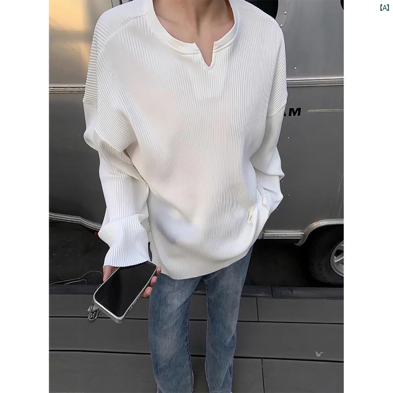 メンズ　ファッション　コーデ　秋　冬コーデ 春秋 メンズ用 クリーン フィット ホワイト Vネック 長袖 Tシャツ ハイエンド スウェットシャツ テクスチャー ド インナー レイヤリング シャツ