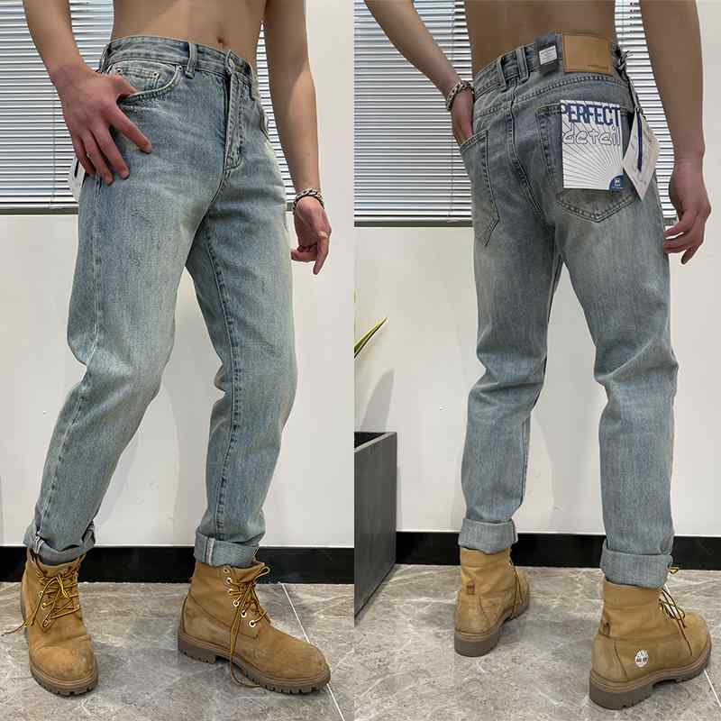 メンズ　コーデ　ファッション　春　秋　夏 12261 夏 アメリカン レトロ 若々しい 男性 アミ カーキ ダメージ 加工 ウォッシュ メンズ ジーンズ パンツ