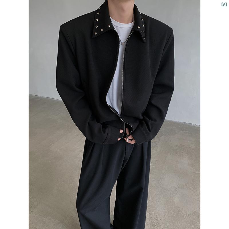 メンズ　ファッション　コーデ　秋　冬コーデ 金属 スタッズ ショルダーパッド ジャケット 男性 春秋 分解 クリーン フィット ショート カジュアル