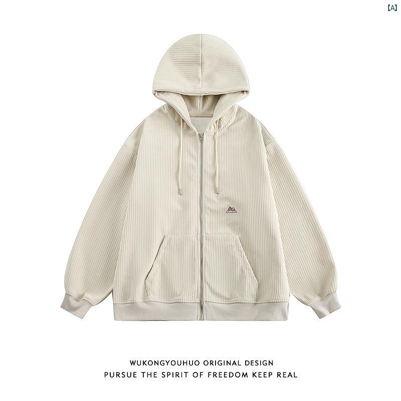 メンズ　コーデ　ファッション　春　秋　夏 Wukong 秋 カップル 男性用 レトロ コーデュロイ カーディガン フード付き スウェットシャツ