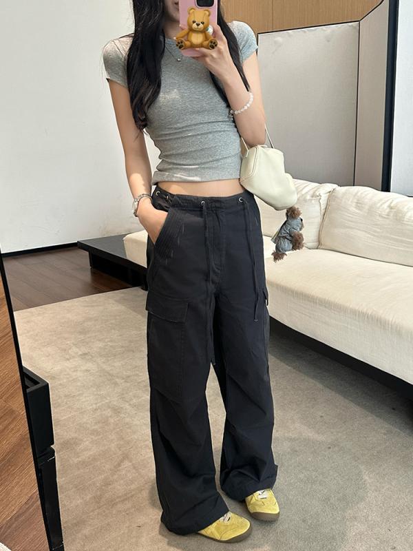 カジュアルパンツ レディース カーゴパンツ ロングパンツ 長ズボン ボトムス 美式レトロ ダメージ加工 裾すり切れデザイン ハイウエスト ドローストリング 紐付き ワークパンツ ズボン ワイドパンツ ゆったり 体型カバー 着痩せ 直筒 ストレート 綿 薄｜プライムズ商店