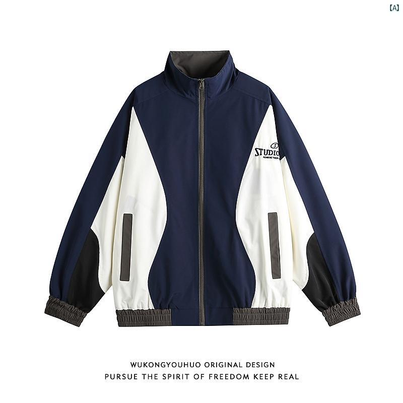 メンズ　コーデ　ファッション　春　秋　夏 Wukong メンズレディース アメリカン カラー スプライシング スポーツ スタンドカラー ジャケット 秋 ストリート 入荷