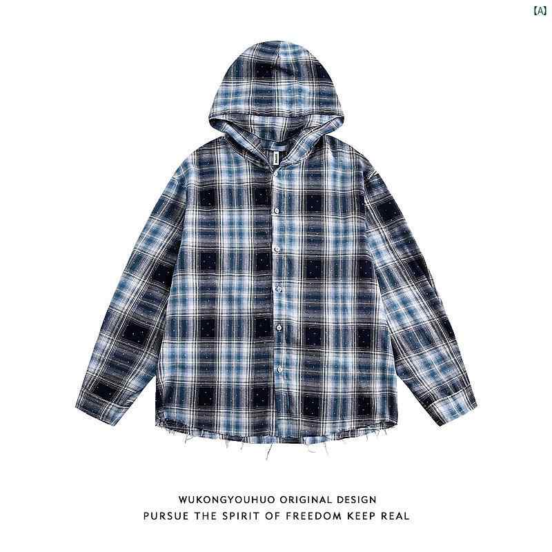 メンズ　コーデ　ファッション　春　秋　夏 Wukong アメリカン レトロ チェック柄 破壊 フード付き シャツ メンズレディース 秋 カジュアル 長袖