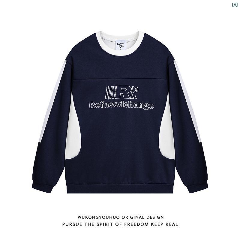 メンズ　コーデ　ファッション　春　秋　夏 Wukong アメリカン カジュアル スプライシング ラウンドネック スウェットシャツ メンズ レトロ スポーツ カップル プルオーバー