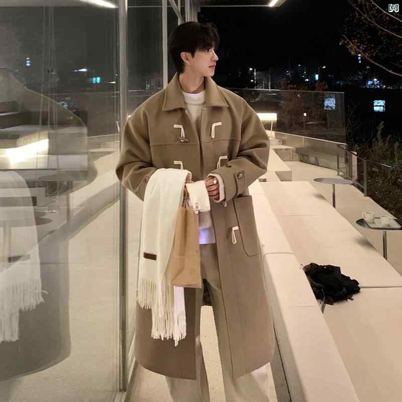メンズ　コーデ　ファッション　春　秋　夏 Bishe 冬 韓国 雰囲気 ジャケット メンズ ハイエンドミドル丈 ホーンボタン ウール コート