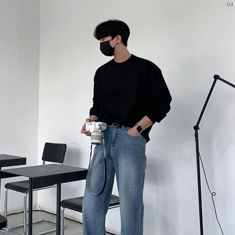 メンズ　コーデ　ファッション　春　秋　夏 Bishe 春秋 ラウンドネック ソリッドカラー ストライプ 長袖 Tシャツ テクスチャー ド プルオーバー トップ シャツ