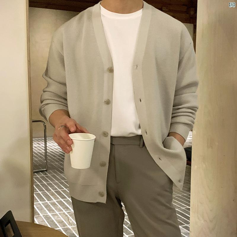 メンズ　コーデ　ファッション　春　秋　夏 Bishe 春秋 新 韓国 メンズ セーター ベージュ カーディガン 厚手 Vネック