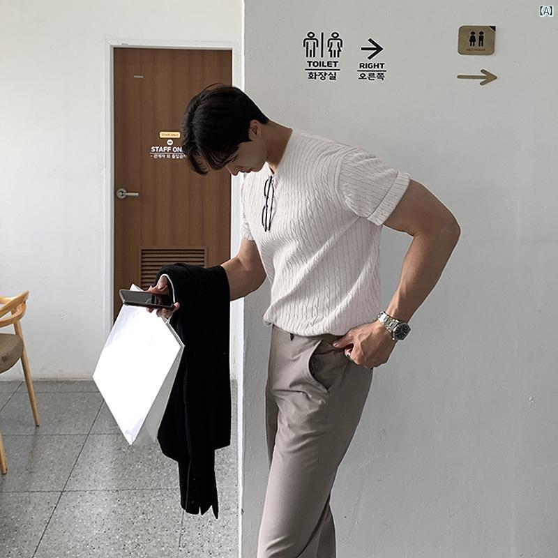 メンズ　コーデ　ファッション　春　秋　夏 夏 メンズトップス 韓国 ハイエンド Tシャツ ニット 半袖 レトロ ラウンドネック アメリカン ボトム シャツ