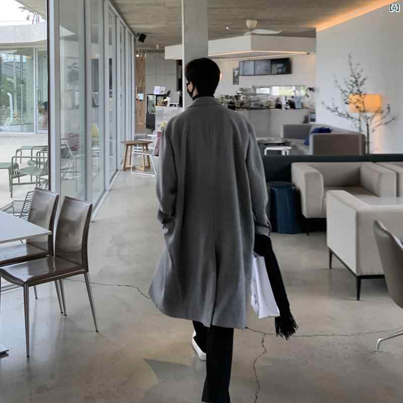 メンズ　コーデ　ファッション　春　秋　夏 Bishe 韓国 ユニセックス シルエット 厚手 ウインドブレーカー ミドル丈 膝丈 ウール コート カジュアル