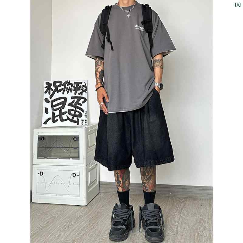 ブラック デニムショートパンツ メンズ サマー ベルト バギーパンツ オーバー サイズ ストリート アメリカン ワークウェア 六分丈 ワイド レッグ パンツ