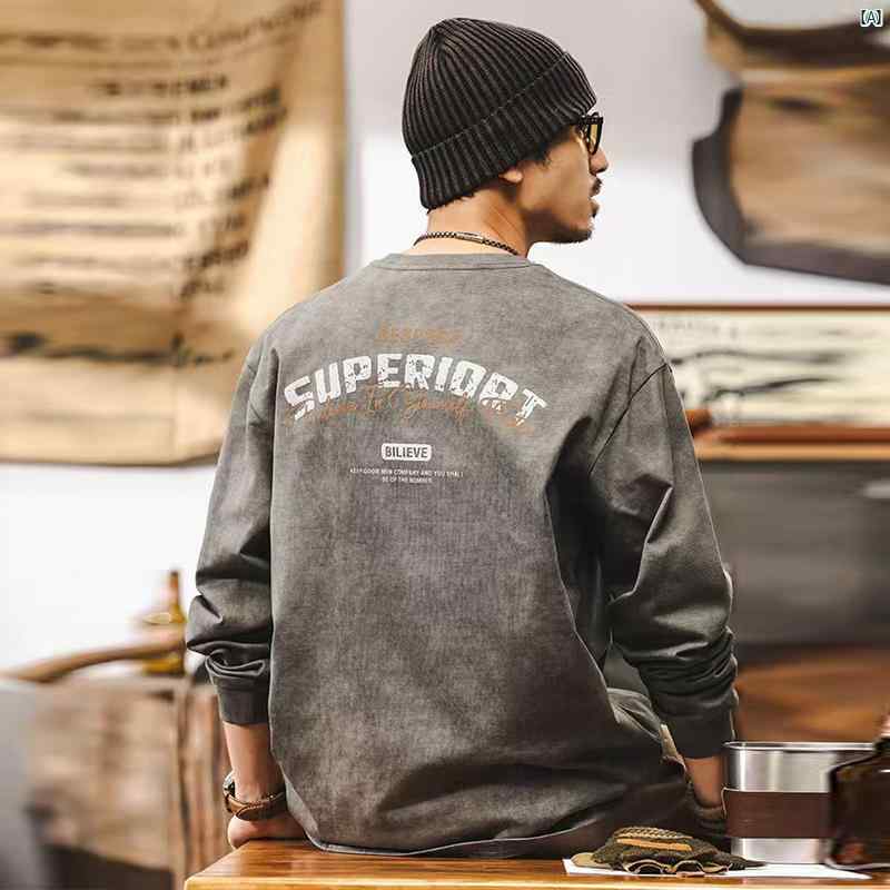 メンズ　コーデ　ファッション　メンズファッション　オシャレ　海外風 アメリカン レトロ バティック ウォッシュ コーマ コットン 長袖 Tシャツ 春 フォーム レター プリント カジュアル トップス