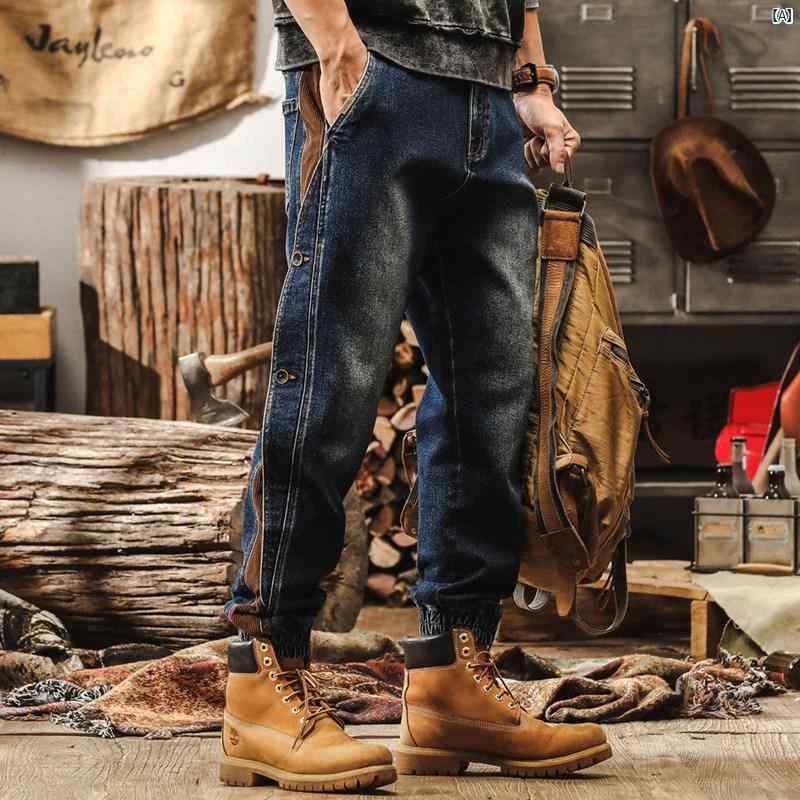 メンズ　カジュアル　男性　オシャレ 秋 男性用 アメリカン レトロ ワークウェア パンツ ダメージ 加工 ストレート ジーンズ レギンス ボタン 付き カジュアル