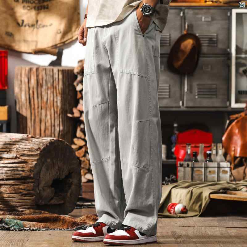メンズ　コーデ　ファッション　メンズファッション　オシャレ　海外風 リヨセル カジュアル パンツ 夏用 薄手 アメリカン カーゴパンツ ワイド レッグ レトロ ストレート