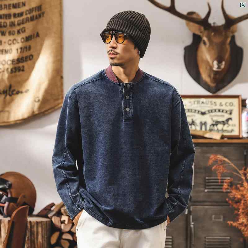 メンズ コーデ ファッション メンズファッション オシャレ 海外風 アメリカン レトロ ヘンリー カラー 320 g ヘビーウェイト Tシャツ 春秋 ベースボール スウェットシャツ インディゴデニム ジャケット