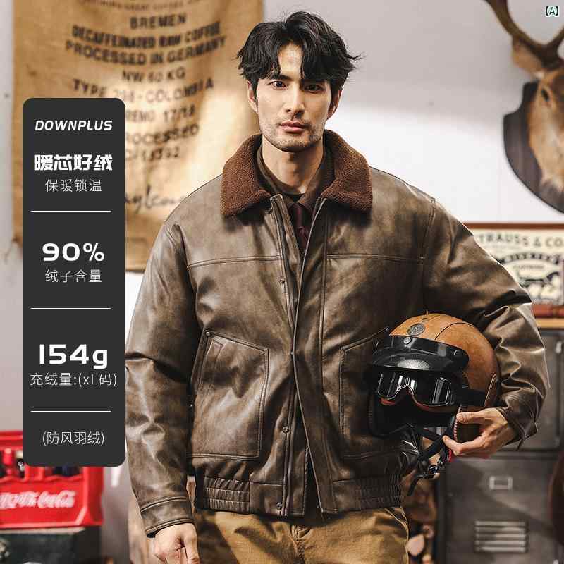 メンズ コーデ 流行り物 メンズ流行り物 オシャレ 外国で風 アメリカン レトロ レザーダウンジャケット 冬 メイラード 自動自転車 上衣 ラムズウール 成人男性