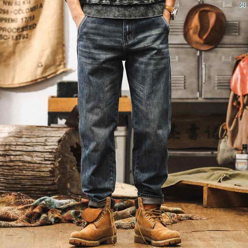 メンズ　カジュアル　男性　オシャレ 秋 男性用 アメリカン クラシック レトロ ジーンズ 冬 ストレート パンツ ベルベット カジュアル