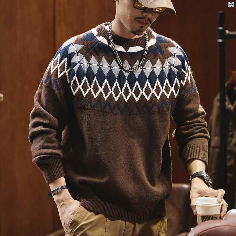 メンズ ファッション コーデ 秋冬コーデ アメリカ 厚手 セーター 男性用 冬 レトロ ラウンドネック 秋 暖かい 個性
