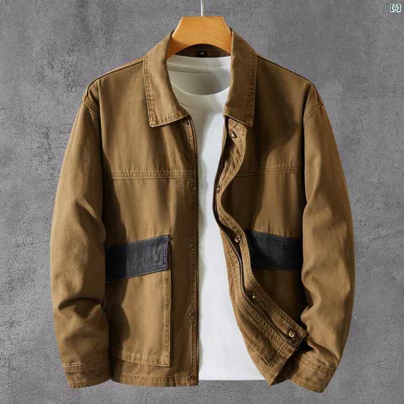 メンズ　コーデ　ファッション　オシャレ　海外風 アメリカン 厚手 キャンバス ワークジャケット 春秋 大きい ポケット レトロ アウトドア カジュアル モーター サイクル ジャケット クール スタイリッシュ