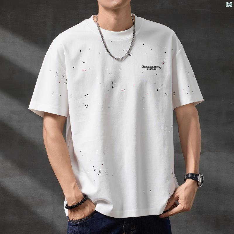 メンズ　コーデ　ファッション　オシャレ　海外風 ペイント ドット 半袖 Tシャツ 夏 2025 ラウンドネック ハーフスリーブ トップス ハイエンド