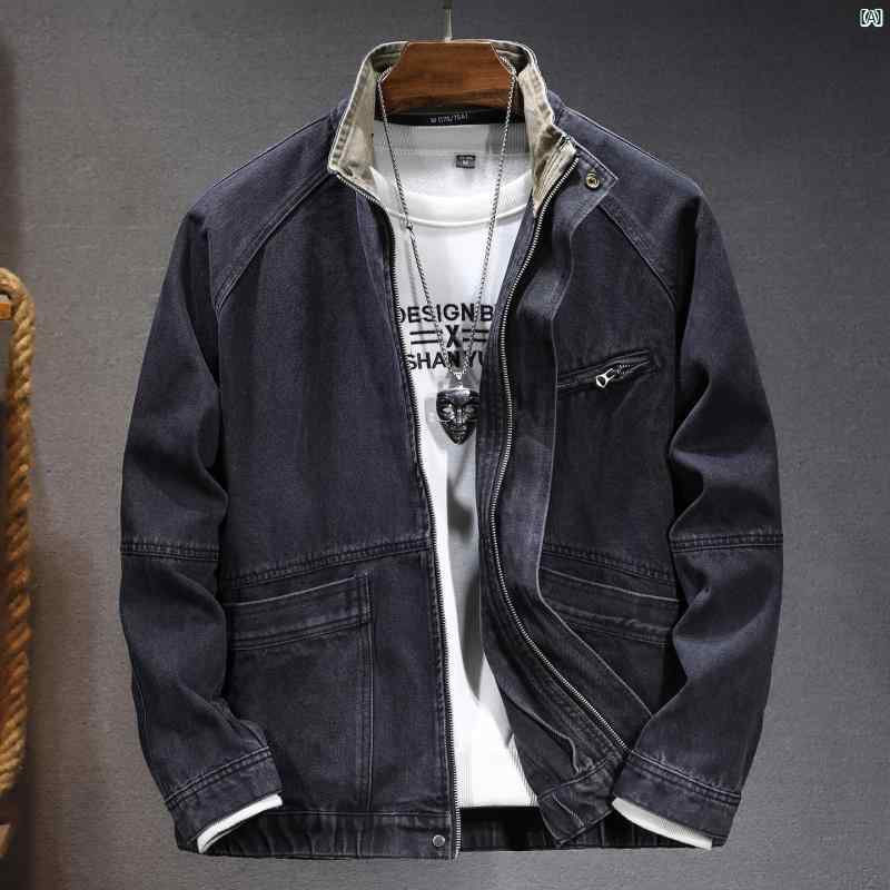 メンズ　コーデ　ファッション　オシャレ　海外風 デトロイト スタンドカラー デニムジャケット 春秋 カジュアル ウォッシュ 加工 レトロ ダメージ ハンティング ワークジャケット