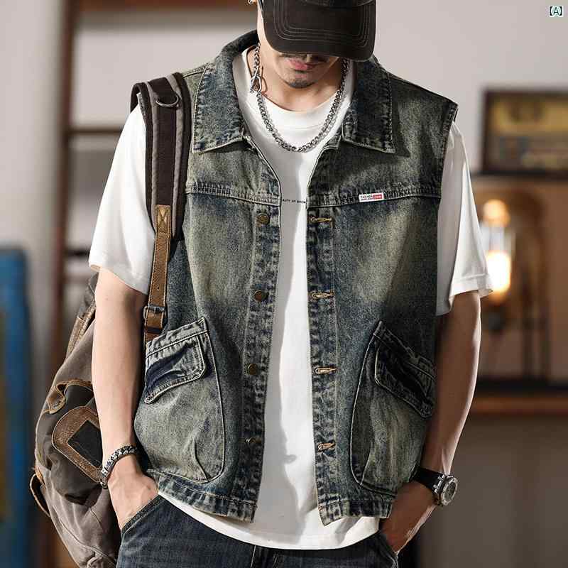 メンズ 流行り物 コーデ オシャレ 外国で風 アメリカン レトロ 限りない 夏 薄っぺら ジーンズ上衣 御役目着 ノースリーブ限りない 成人男性