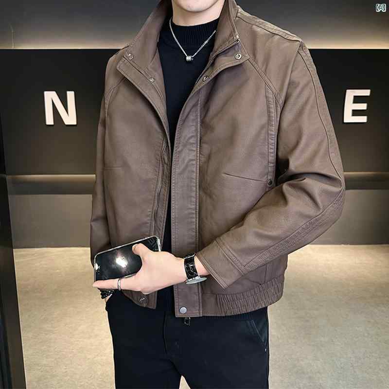 メンズ　ファッション　コーデ　オシャレ　海外風 レザージャケット 春秋 2025 スタンドカラー 服 ハイエンド クール バイク
